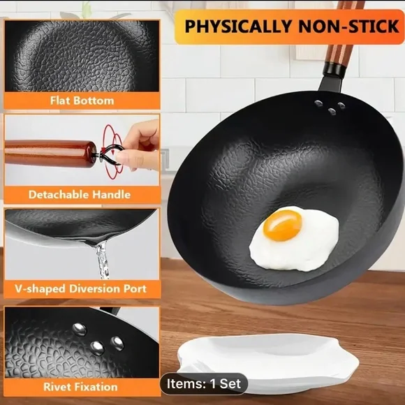 Black Hammered Wok Set with Wooden Handle - Picture 4 of 8